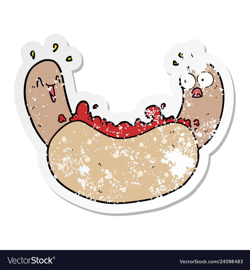 Distressed sticker of a cartoon hotdog