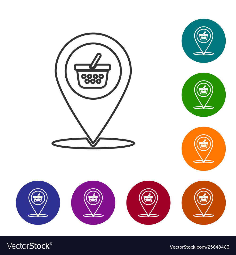 Grey map pointer with shopping basket line icon