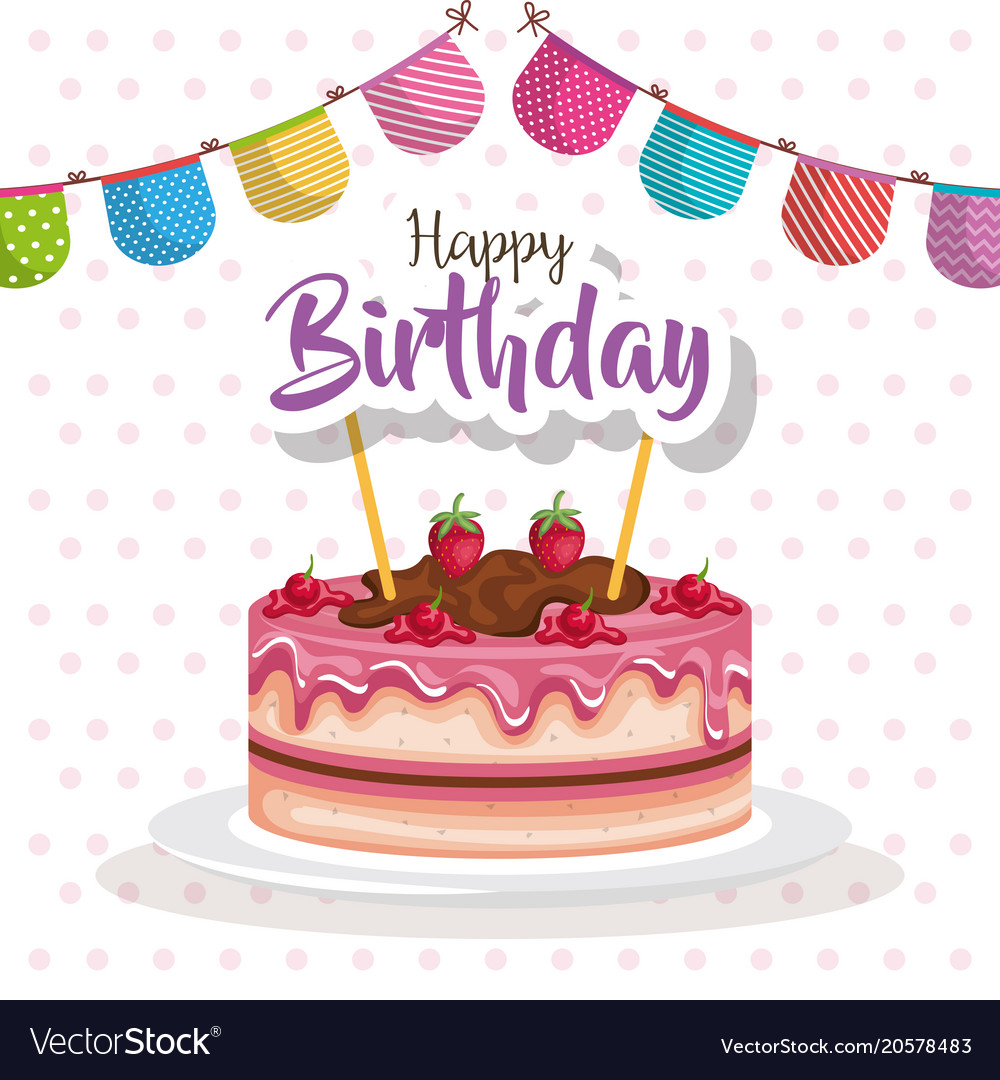 Happy birthday cake with garland celebration card Vector Image