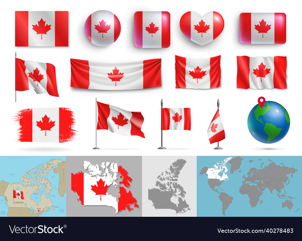 Set of canada flags various shapes and maps