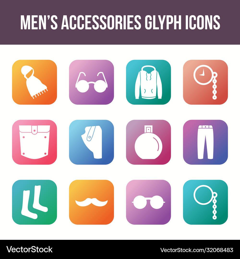Unique mens accessories glyph icon set Royalty Free Vector