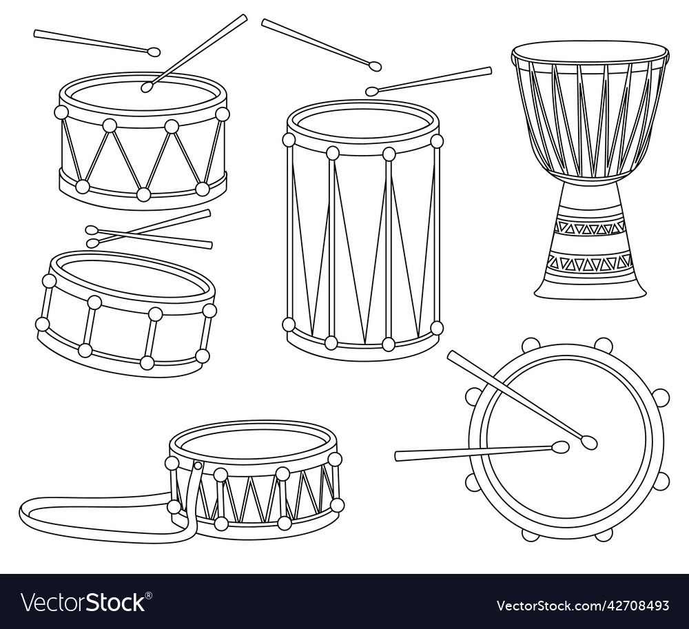 Set of different drums with drumstick outline