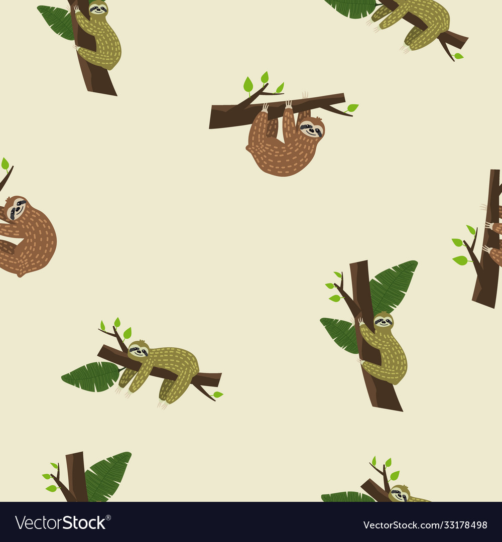 Cute sloth on tree seamless pattern with funny vector image Cute sloth on tree seamless pattern with funny