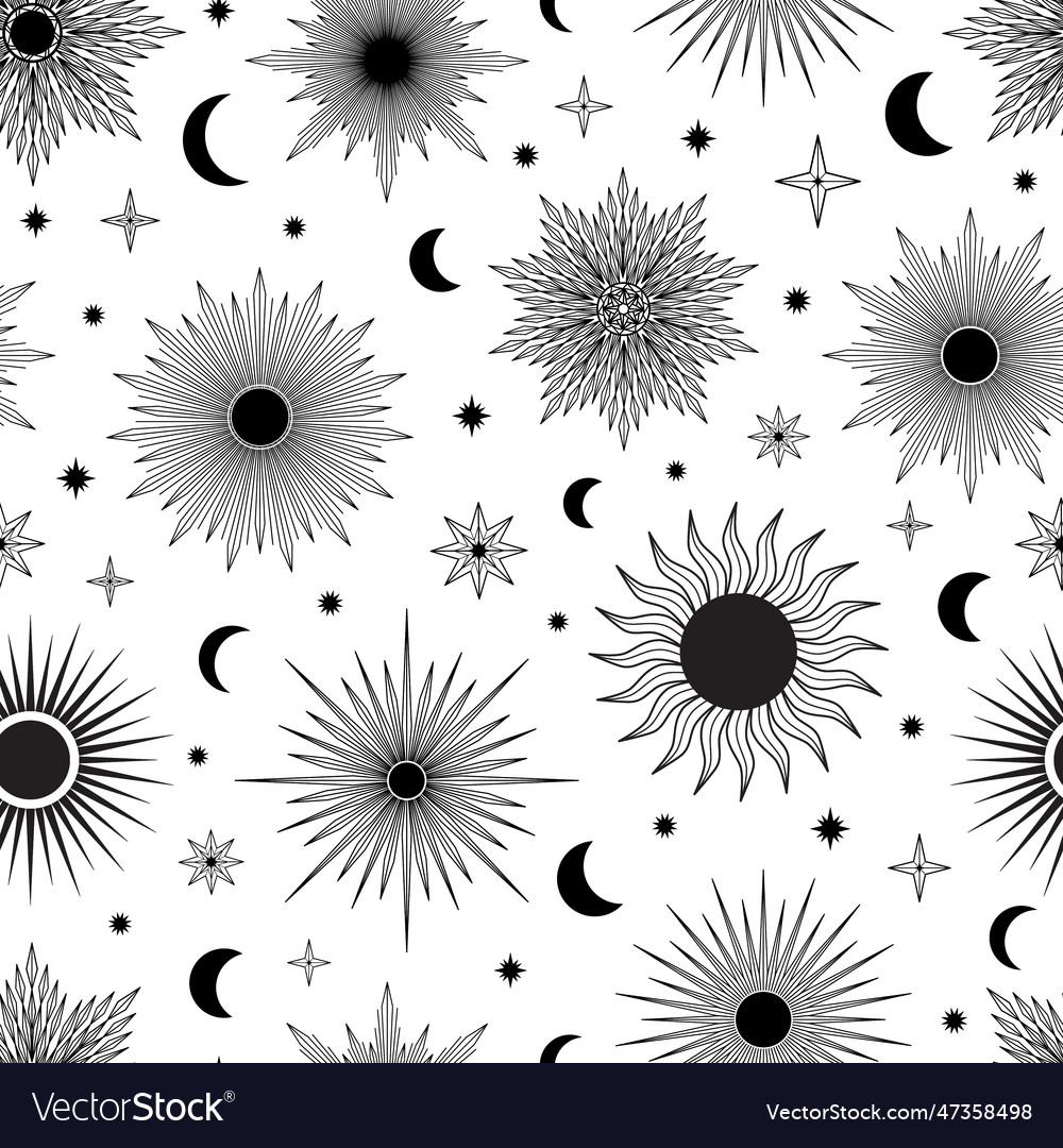 Hand drawn seamless pattern of sun moon sunburst Vector Image