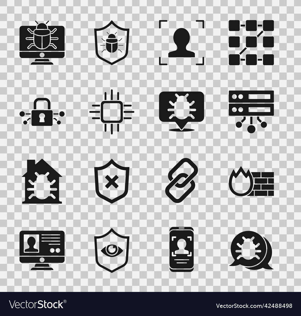 Set system bug firewall security wall server vector image Set system bug firewall security wall server