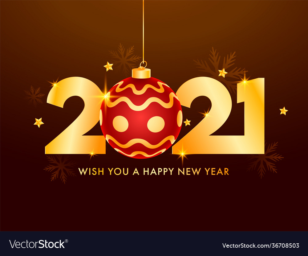 Golden 2021 number with realistic bauble hang