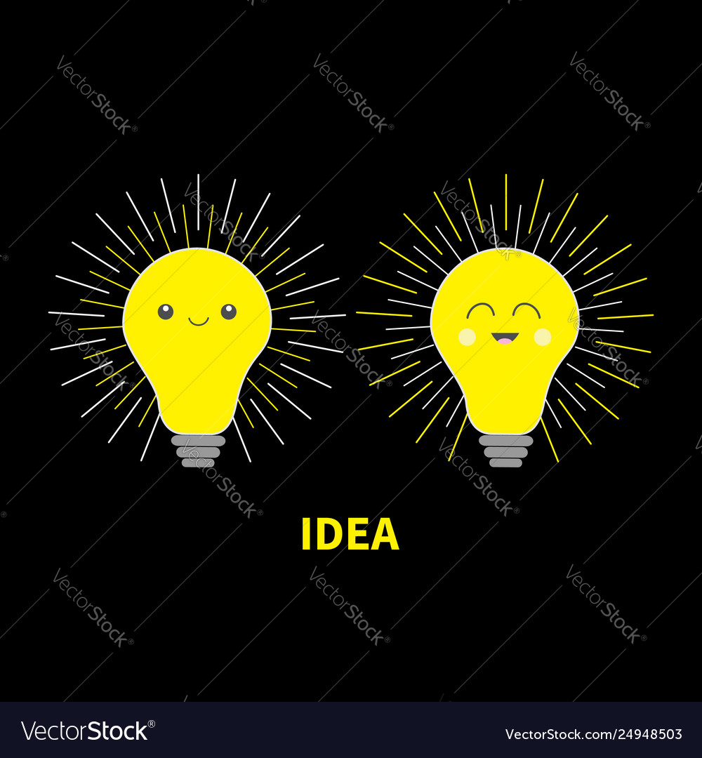Idea light bulb icon set with happy smiling face vector image Idea light bulb icon set with happy smiling face