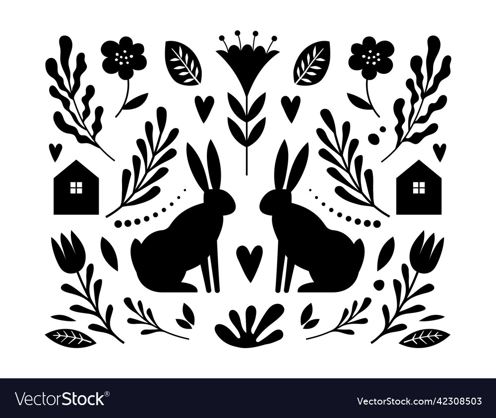 Nordic folk pattern with bunnies and floral vector image Nordic folk pattern with bunnies and floral