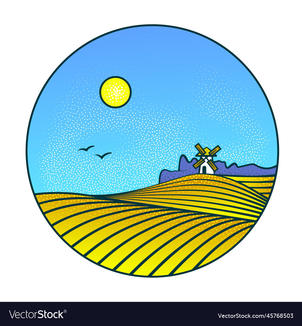 Yellow fields and windmill linear with a grain