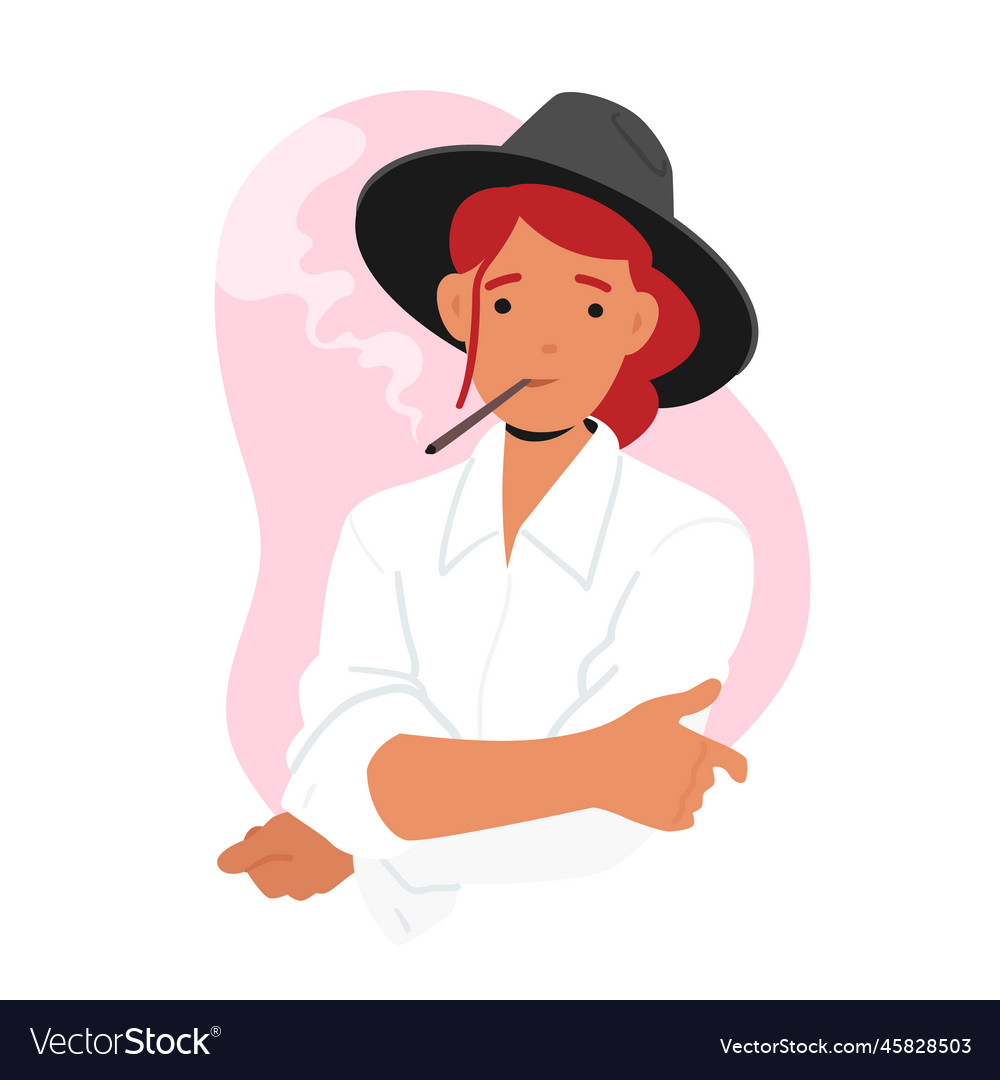 Young female character smoking cigarette inhaling Vector Image