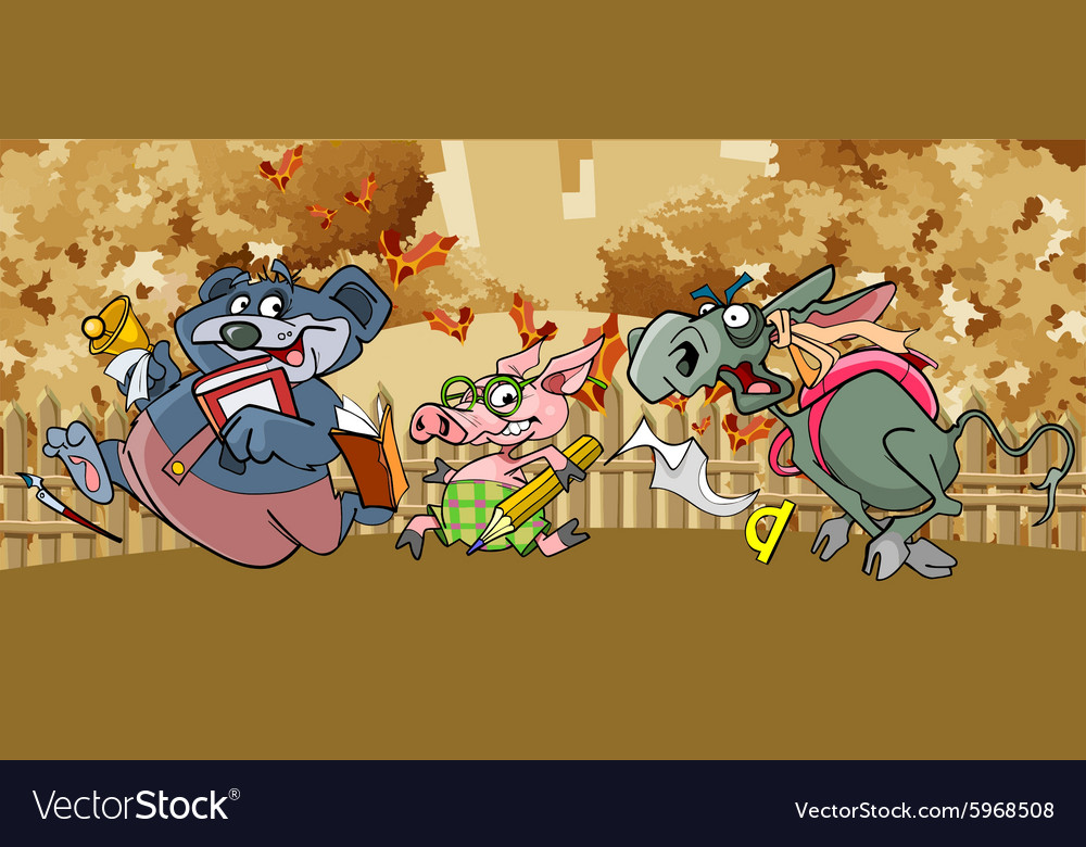 Cartoon funny animals flee to school in the fall