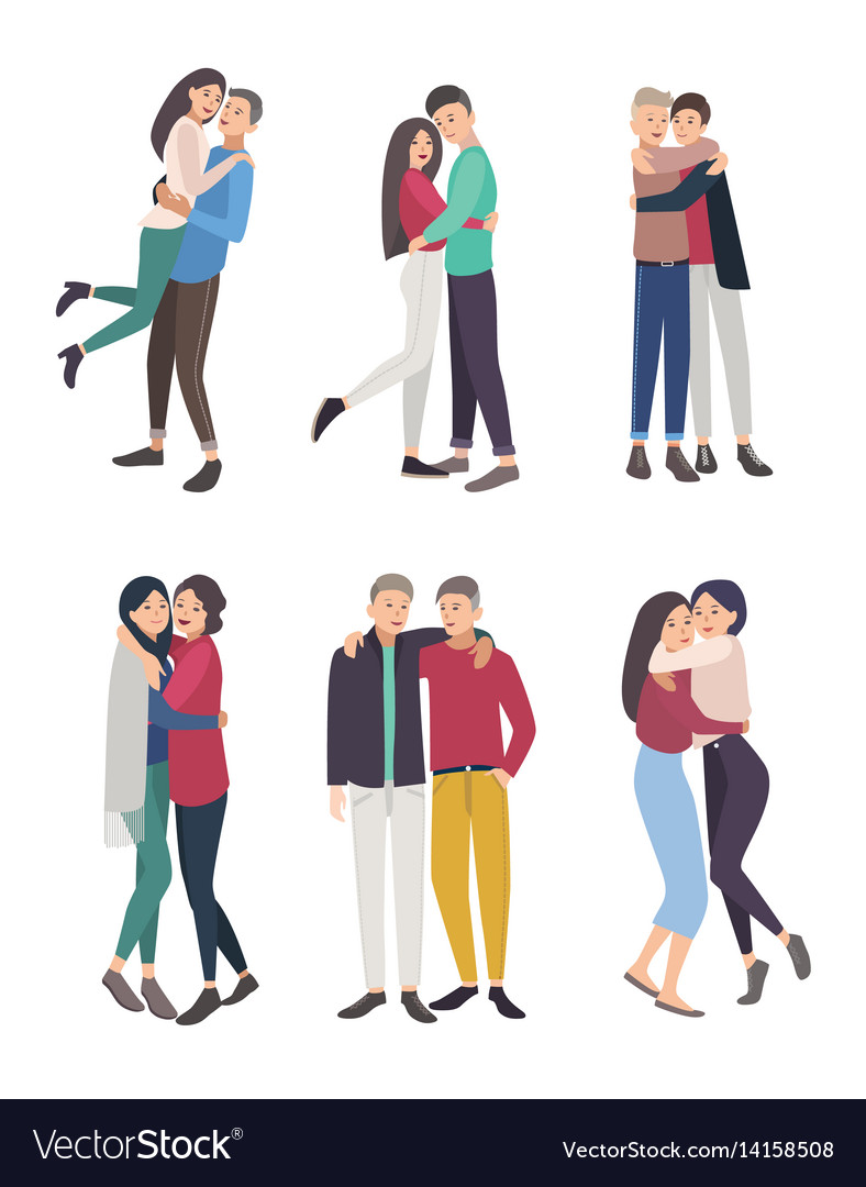 Happy friends hug set guys and girls cuddling Vector Image