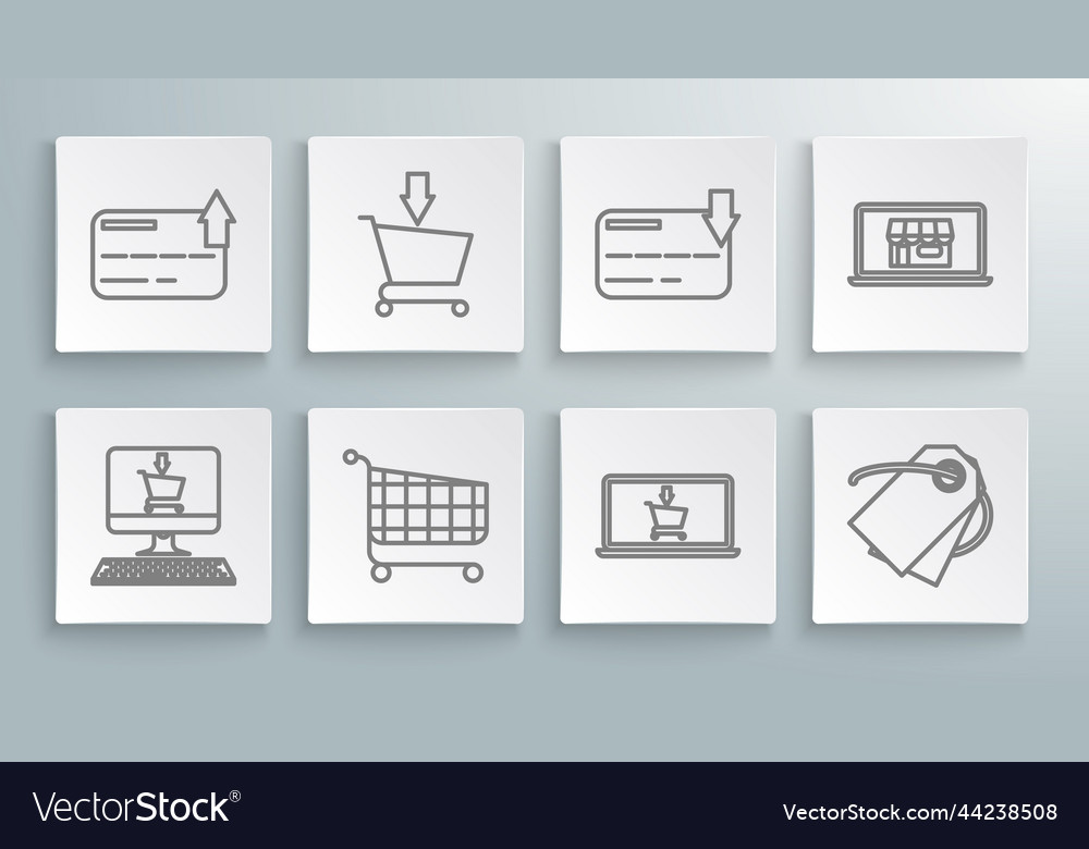 Set line shopping cart on screen computer add vector image Set line shopping cart on screen computer add