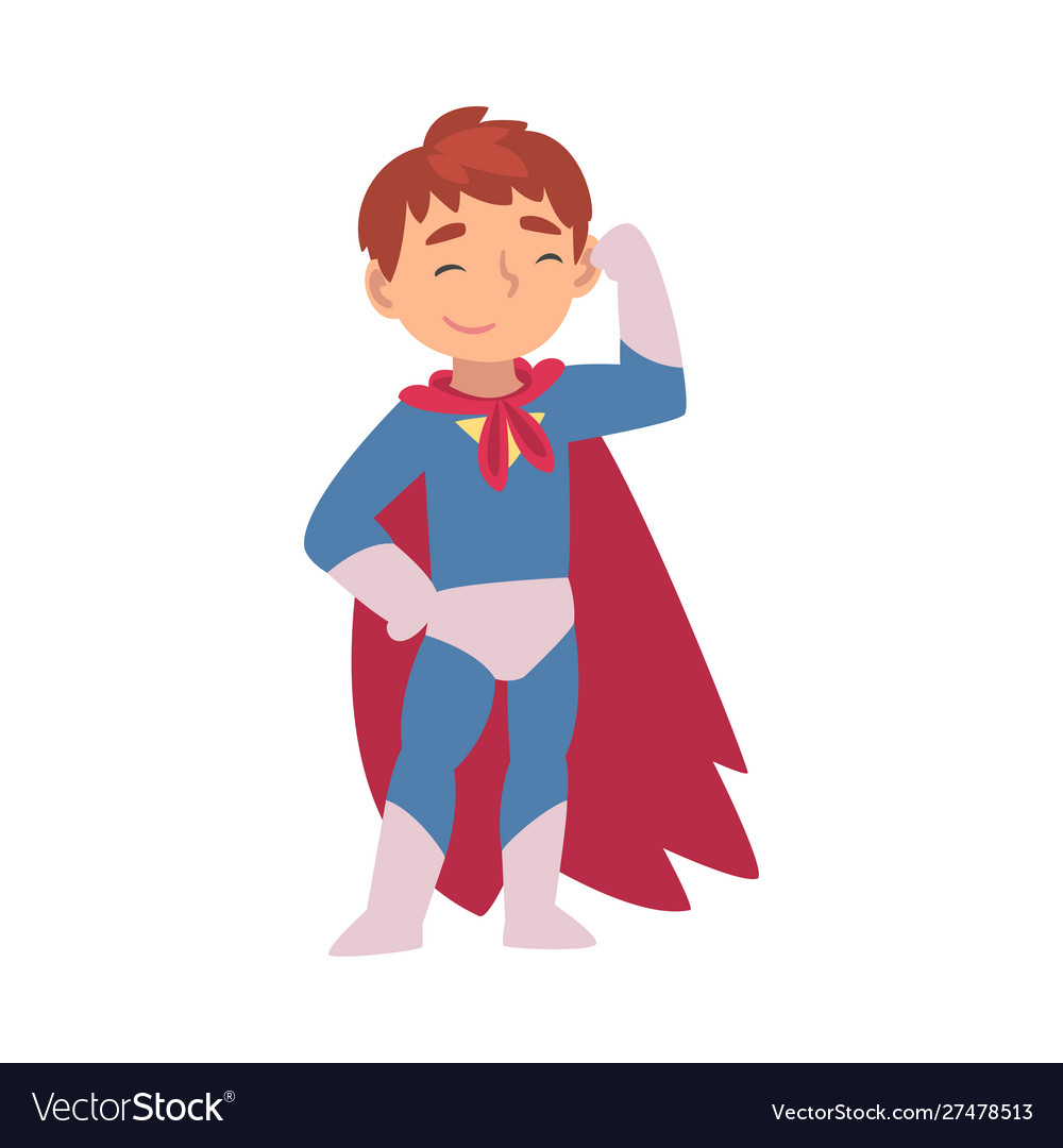 Boy in a superhero costume shows muscles on his Vector Image