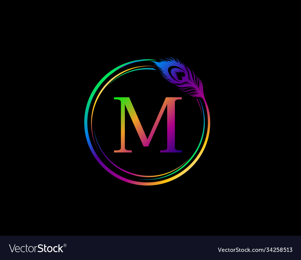 M letter decorated with hologram color peacock