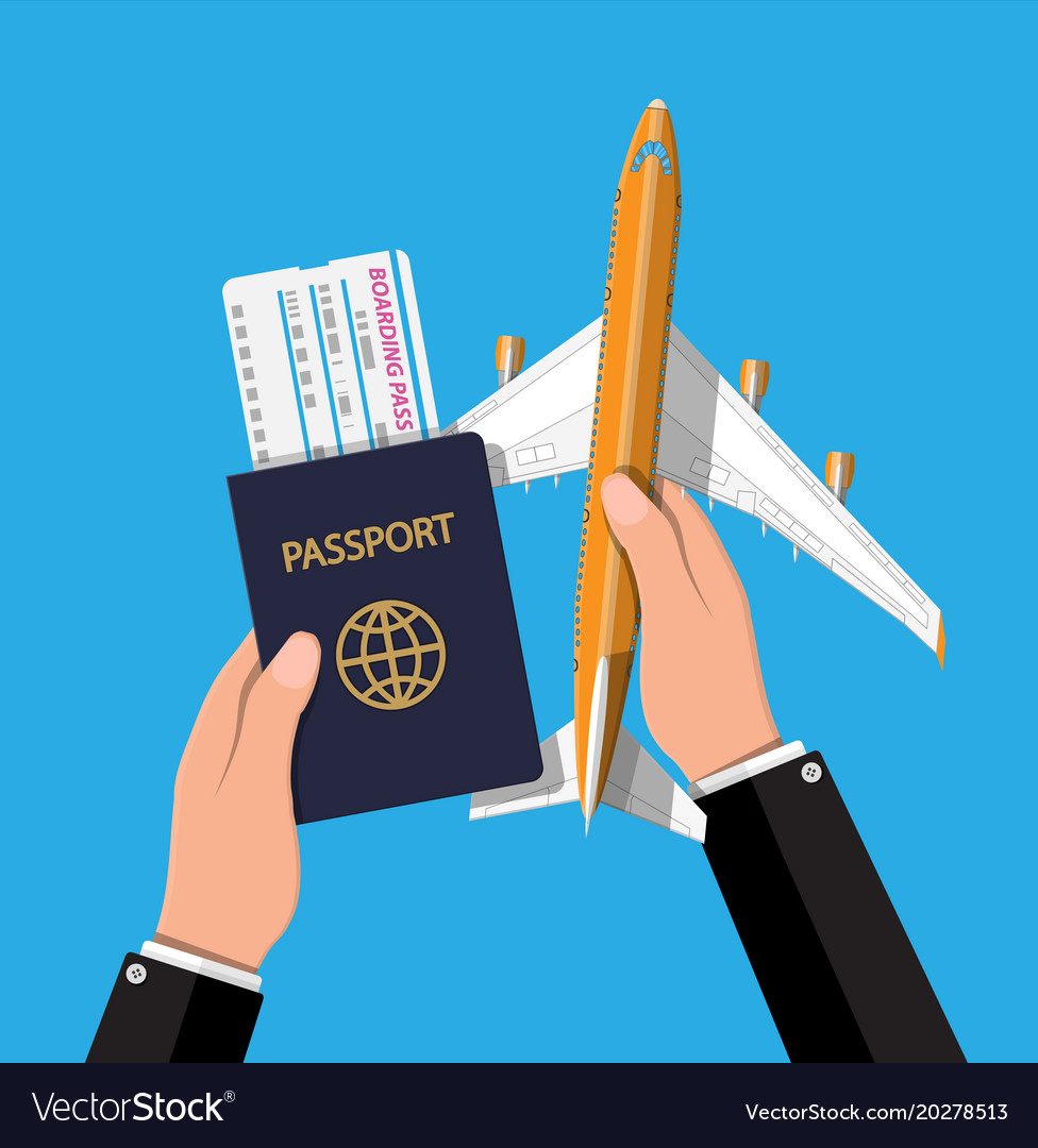 Passenger jet boarding pass and passport in hand