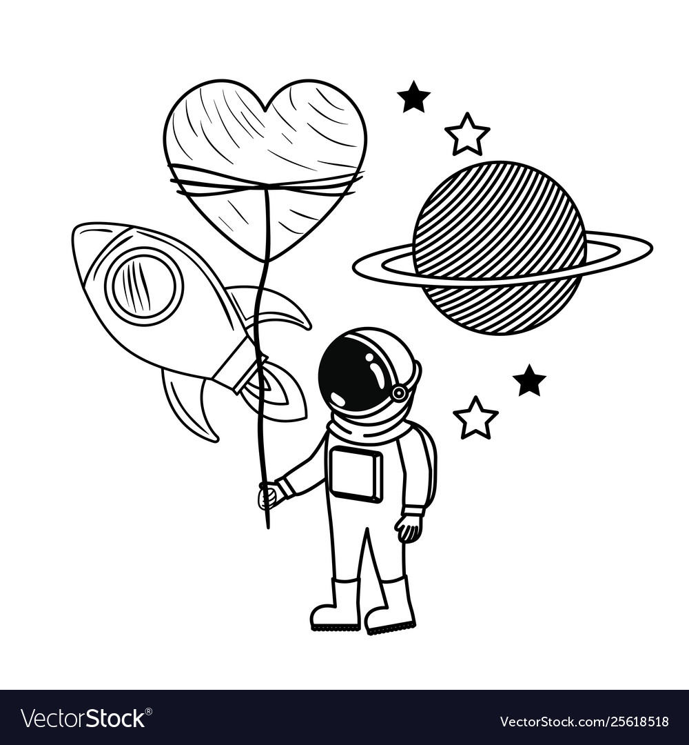 Astronaut with spacesuit and rocket in white