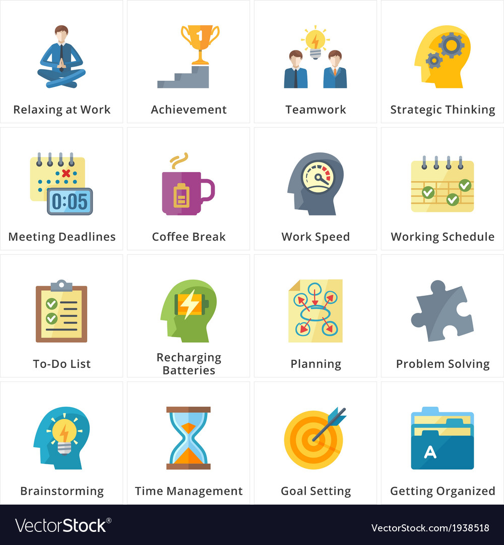 Flat productivity at work icons Royalty Free Vector Image