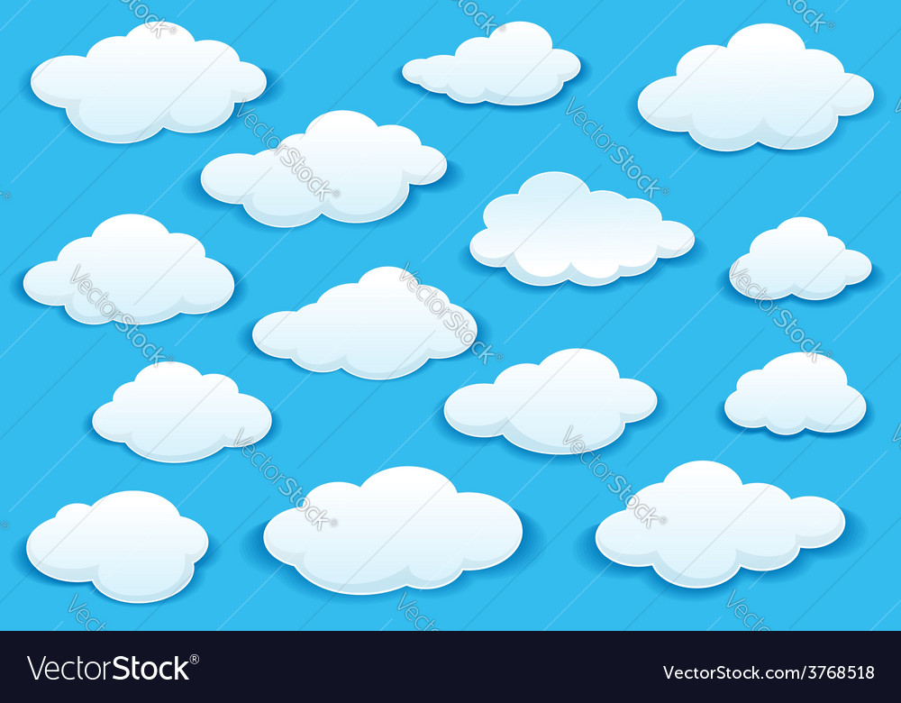 White fluffy cloud icons on blue sky