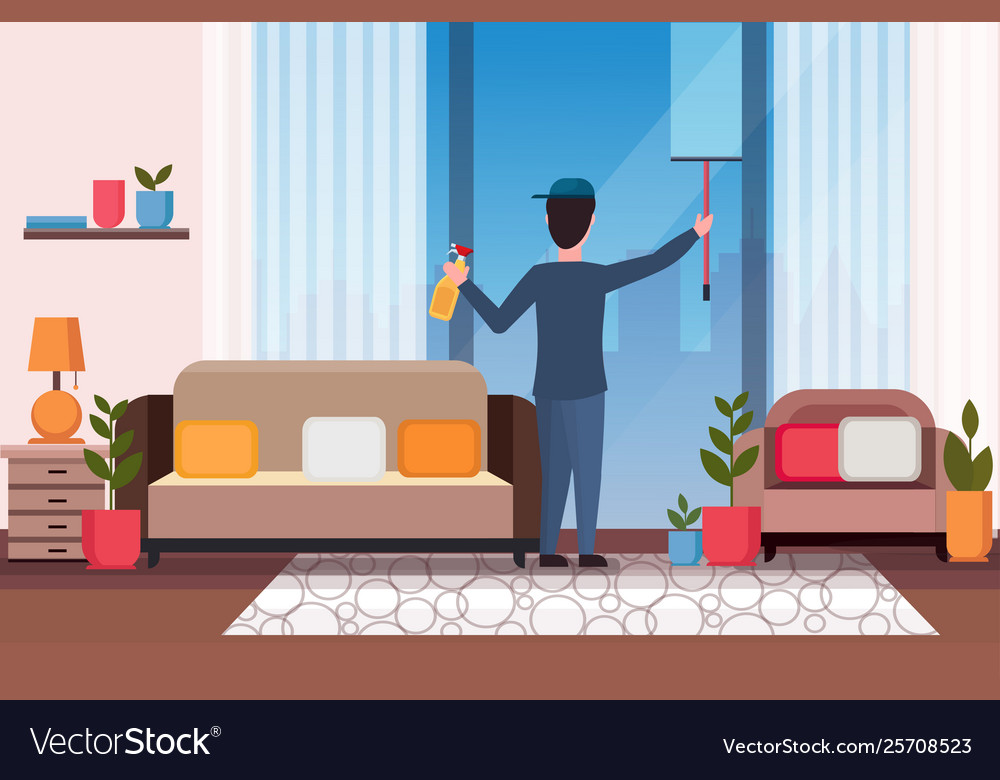 Male janitor using shower wiper squeegee and spray vector image Male janitor using shower wiper squeegee and spray