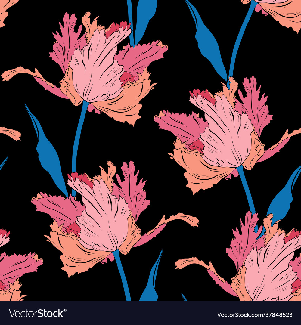 Terry Pink Pretty Tulips Seamless Pattern Hand Vector Image