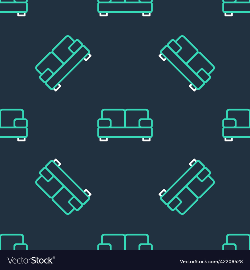 Line sofa icon isolated seamless pattern on black