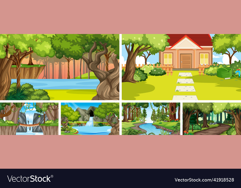 Nature scene with many trees and waterfall vector image Nature scene with many trees and waterfall