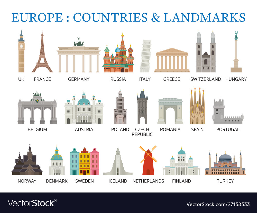 Europe Countries Landmarks In Flat Style Vector Image