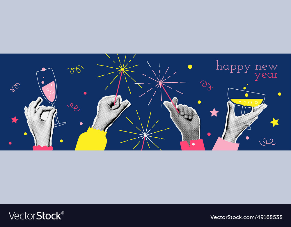 90s vintage new year banner design with hands