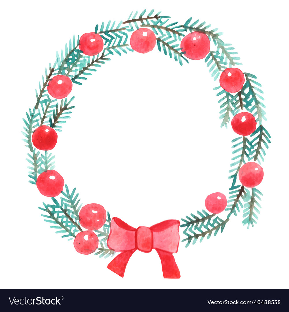 Pine leaves ball and red bow watercolor wreath