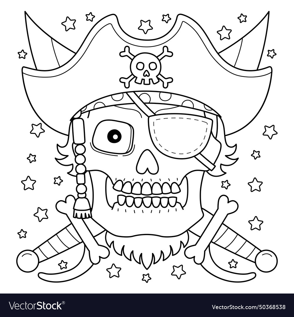 Pirate skull with hat coloring page for kids Vector Image