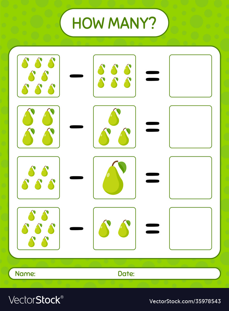 How many counting game pear worksheet vector image How many counting game pear worksheet