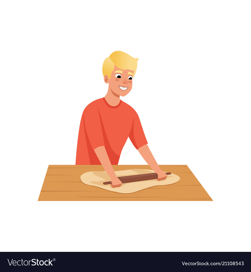 Young man rolling dough in casual clothes