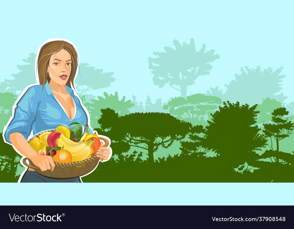 Farmer girl with a basket fruits apple orange Vector Image Farmer girl with a basket fruits apple orange