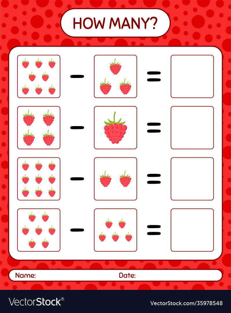 How many counting game raspberry worksheet vector image How many counting game raspberry worksheet