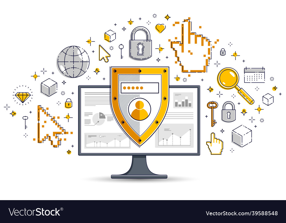 Shield over computer monitor and set of icons vector image Shield over computer monitor and set of icons