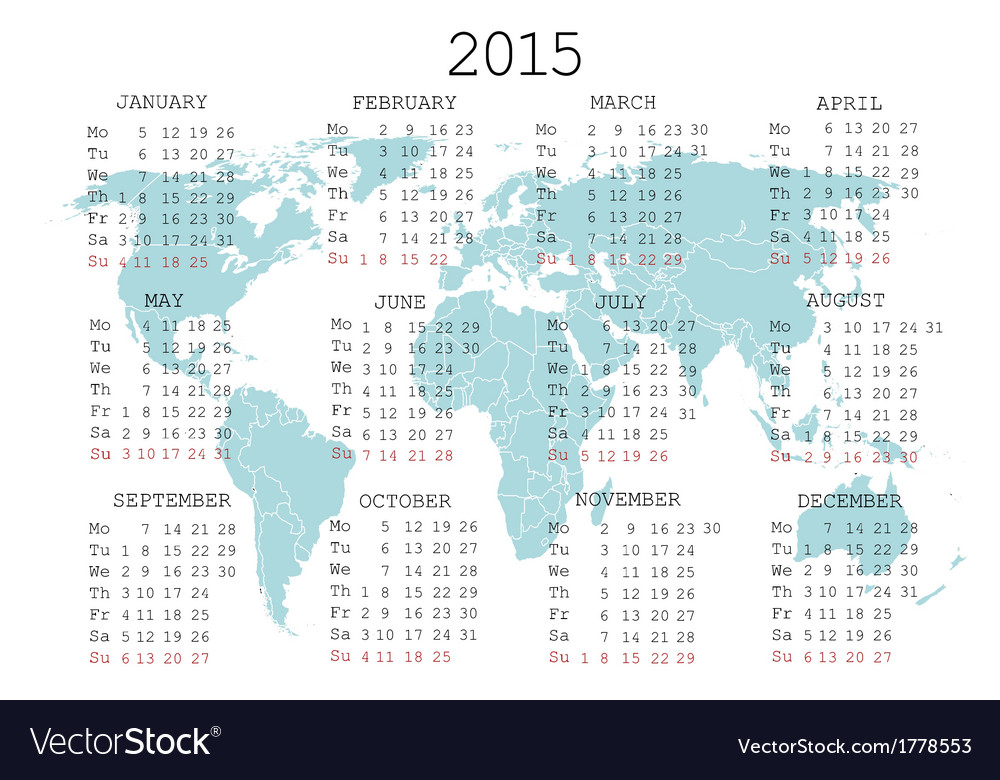 2015 calendar with world map