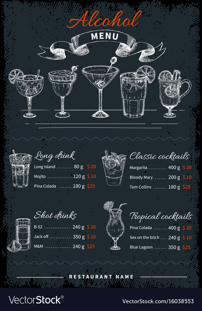 Alcoholic drinks and cocktails menu Royalty Free Vector