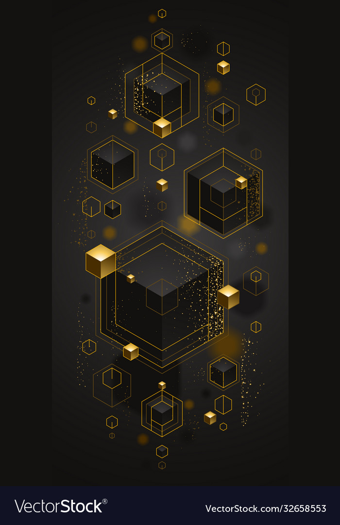 Cubes cluster with golden elements lines and dots vector image Cubes cluster with golden elements lines and dots