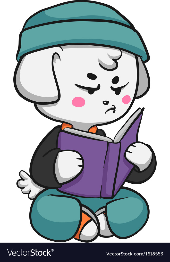 Grumpy dog reading a book