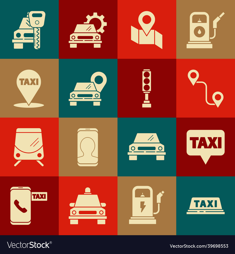 Set taxi car roof map pointer with route vector image Set taxi car roof map pointer with route