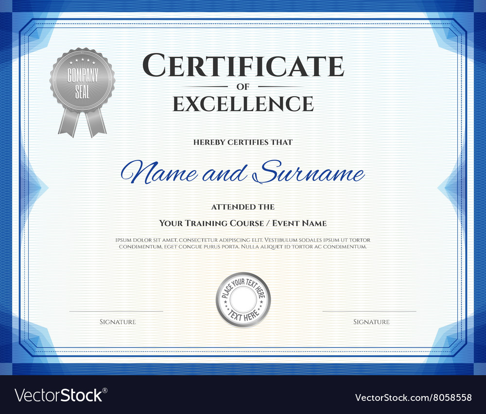 Certificate Of Excellence Template In Blue Theme Vector Image