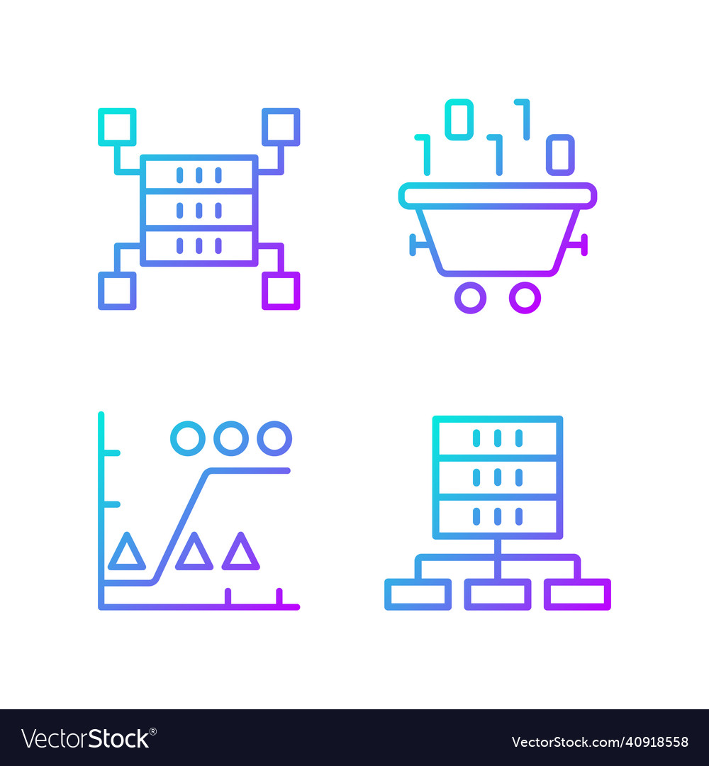 Dataset processing gradient linear icons set vector image Dataset processing gradient linear icons set