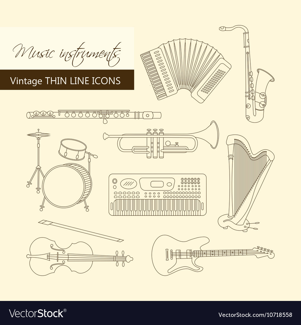 Music instruments thin line icon set for web