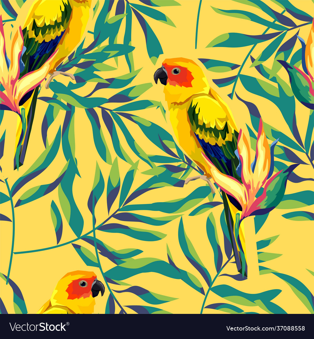 Pattern with beautiful parrots and tropical