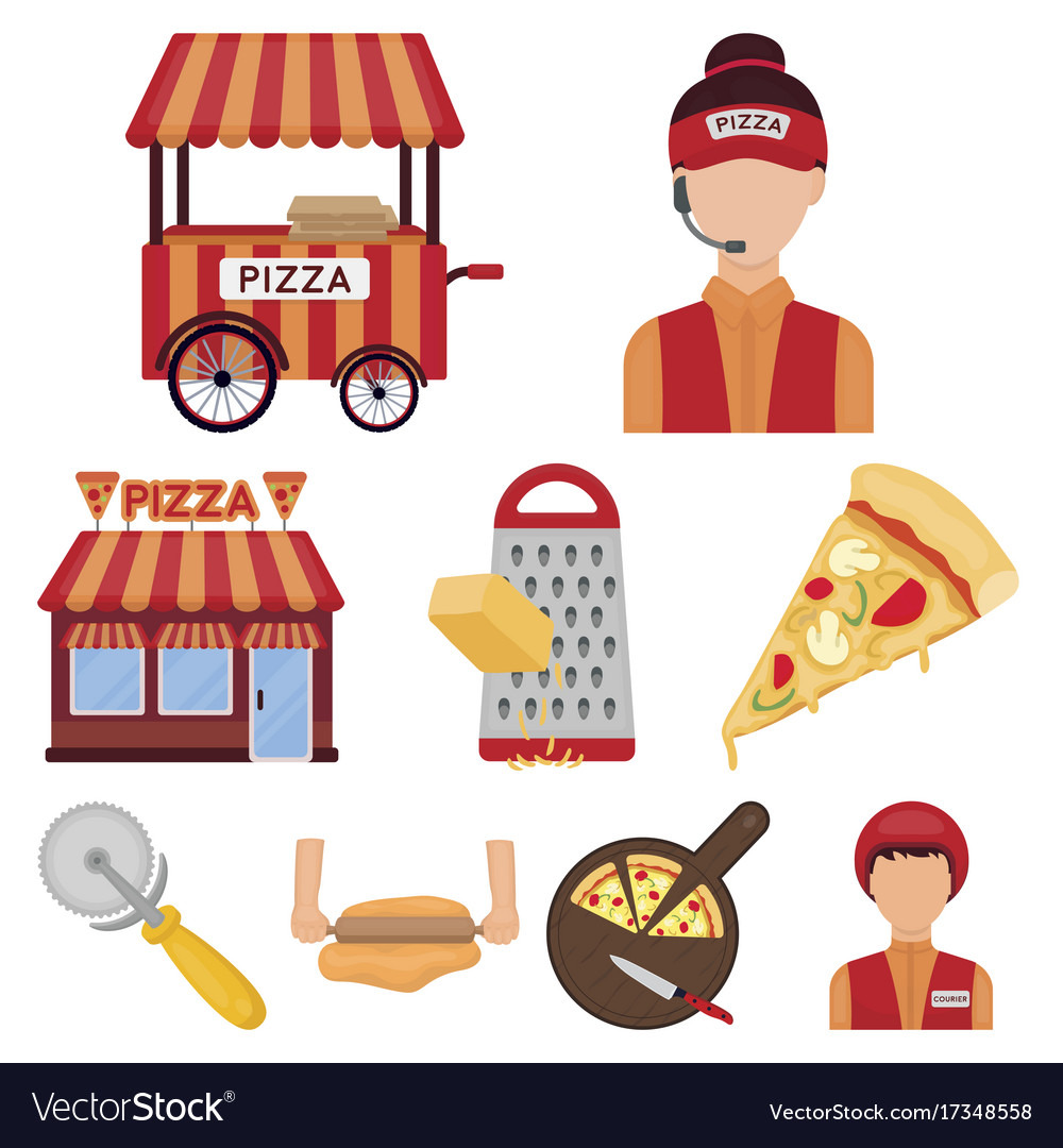 Pizza und Pizzeria setzen Icons im Cartoon Stil groß