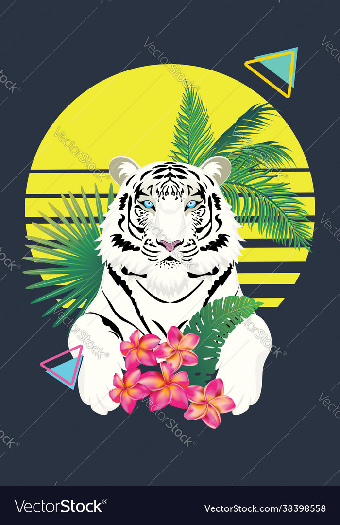 Tiger with tropic leaves retro