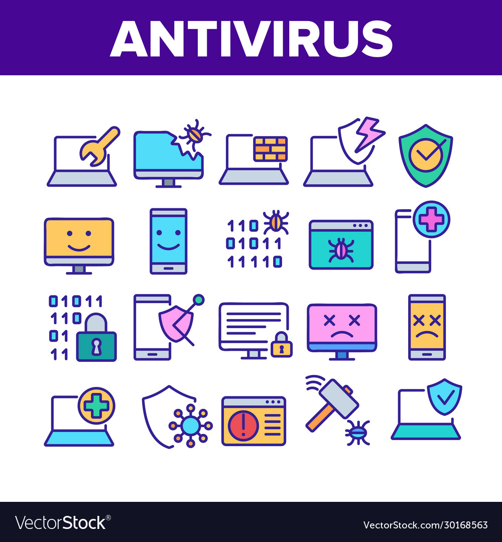 Antivirus program collection icons set vector image Antivirus program collection icons set