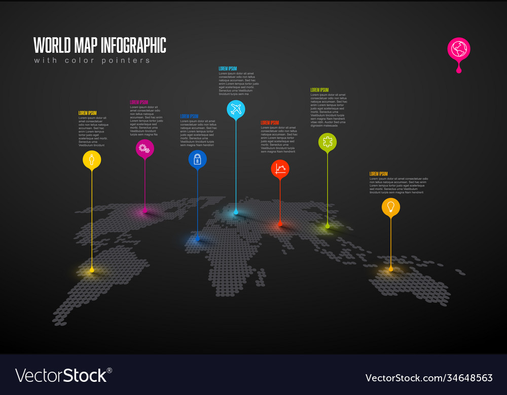 Weltkarte Infograph Vorlage mit Zeigermarken vector image Weltkarte Infograph Vorlage mit Zeigermarken