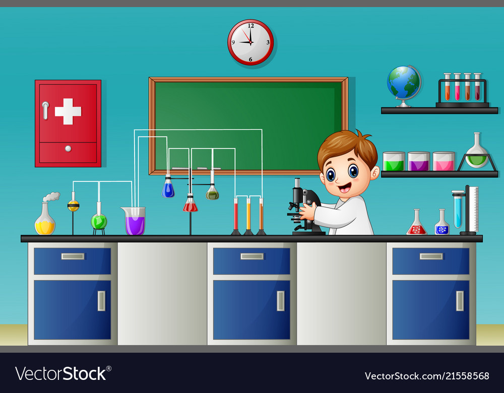 Cartoon boy experimenting with microscope in the c